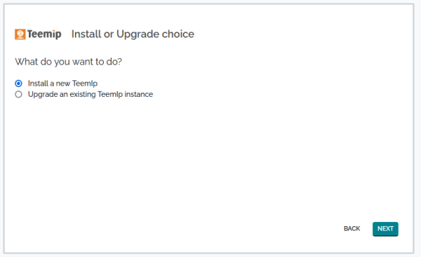 Step 2: Install or upgrade }

==== Fresh installation ====
If you select to install a new instance then third step of the wizard will prompt you to accept the license agreement.

{{:2_x:install3-3x.png?600|Step 3: License agreement